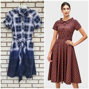 Wayward Fancies Plaid Check Print Sash Tie ShirtDress A Line